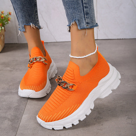 Fashion Chain Design Mesh Shoes For Women Breathable Casual Soft Sole Walking Sock Slip On Flat Shoes